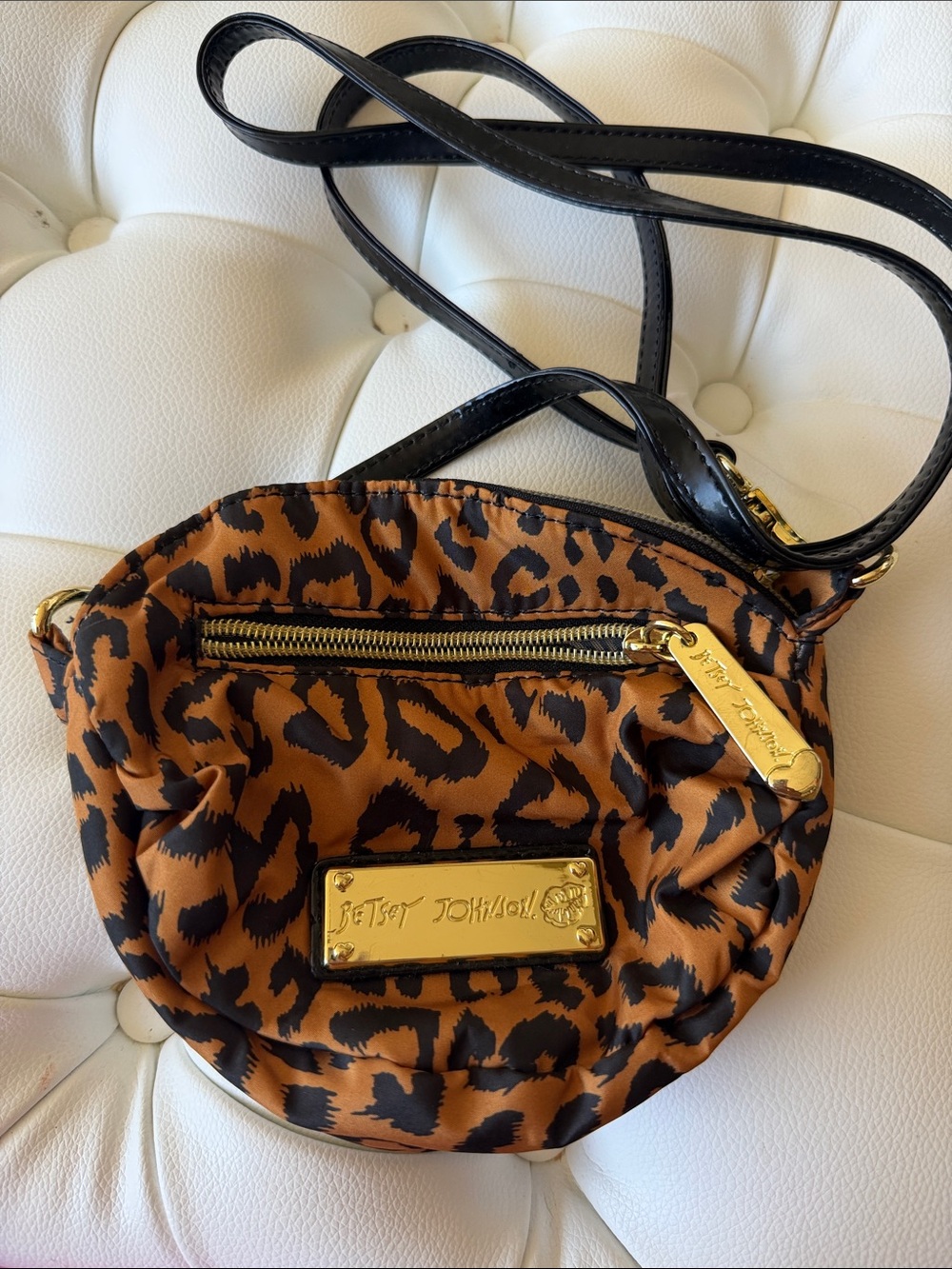 Betsey Johnson Brown and Black Leopard Print Crossbody Bag with Gold Hardware